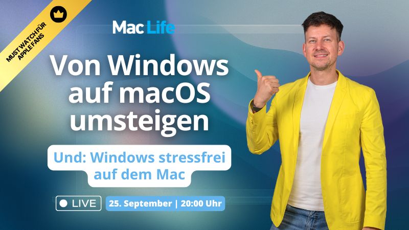 Jörg im gelben Sakko kündigt das Webinar an. Von Windows auf macOS umsteigen am 25. september um 20 uhr. Und: Windows stressfrei auf dem Mac