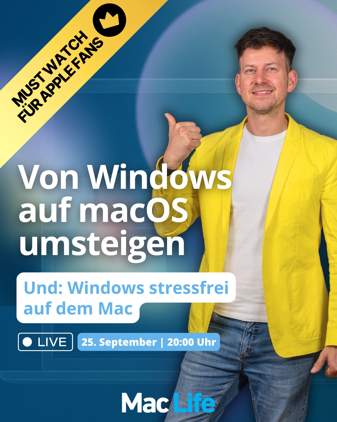 Jörg im gelben Sakko kündigt das Webinar an. 